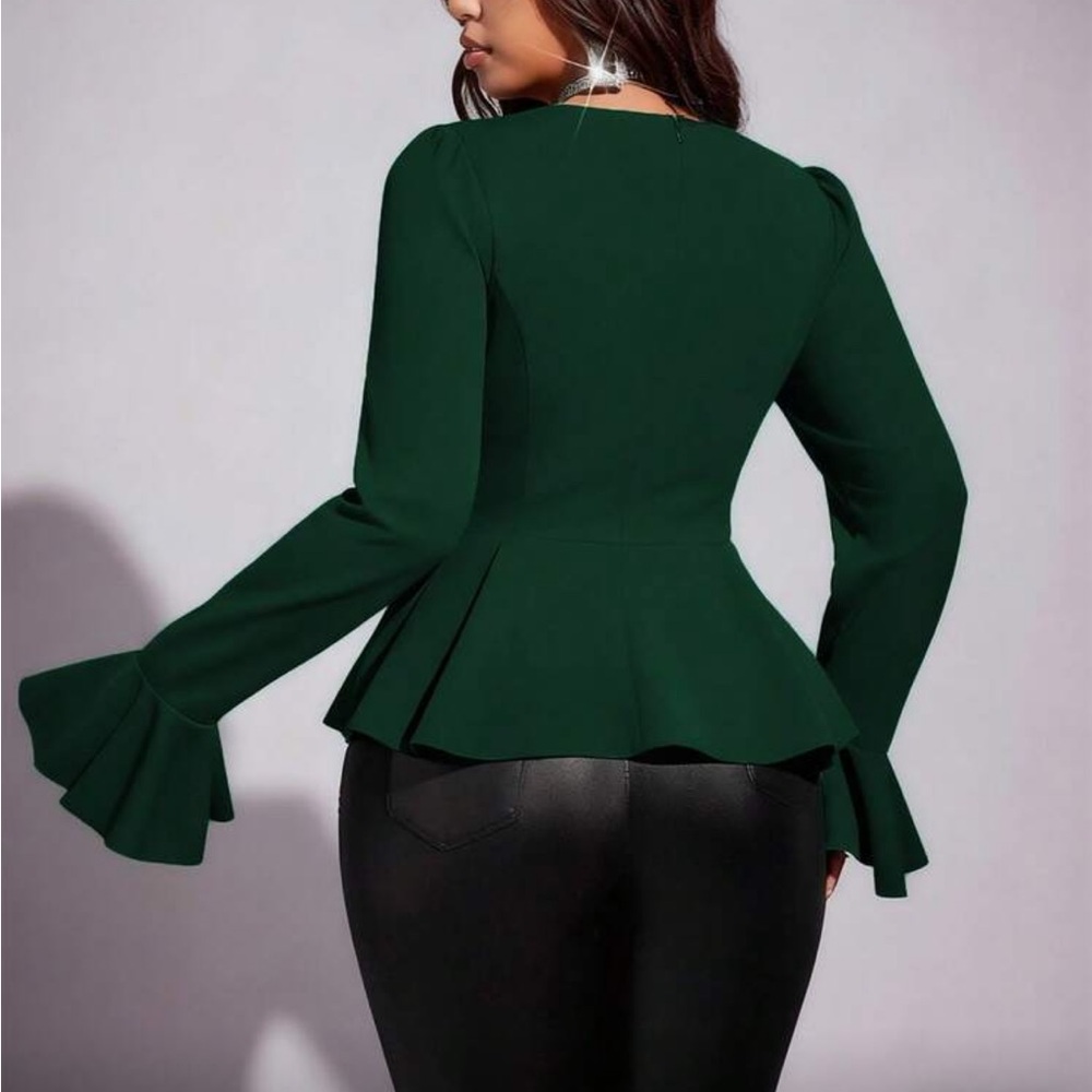 Elegant Long Sleeve Flare Peplum Top Blouse Shirt Green - Picture 10 of 16